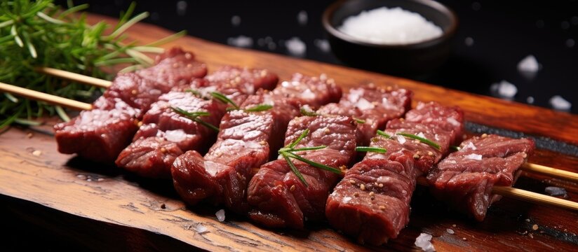 A delicious Churrasco food recipe featuring skewers of beef, pork, and other red meat on a wooden cutting board. Perfect for a carne asada cooking session