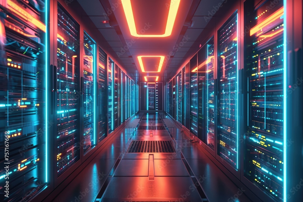 Poster a photograph of a long hallway in a data center filled with rows of servers, a futuristic data cente