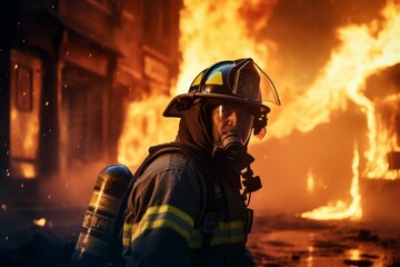 Obraz premium Firefighter battling blaze in burning building