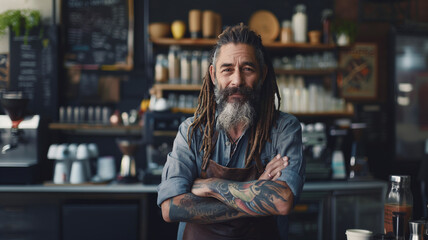 Portrait of The male barista with dreadlocks hairstyle is working in the cafe. - obrazy, fototapety, plakaty