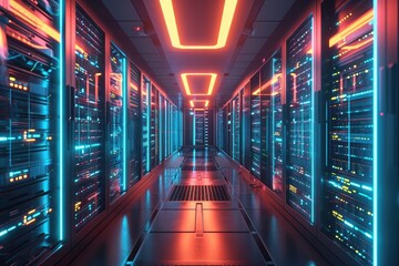 A photograph of a long hallway in a data center filled with rows of servers, A futuristic data center with glowing servers, AI Generated - obrazy, fototapety, plakaty
