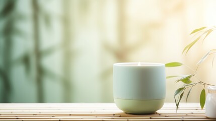 Obraz na płótnie Canvas Product photo, delicate celadon porcelain teacup, soft colours, bamboo environment, minimalism, dreamy ethereal bokeh background 