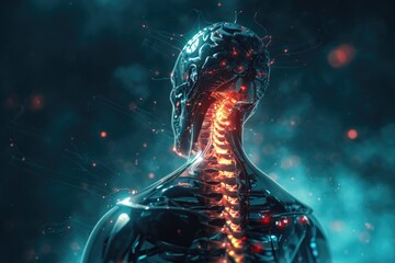 Witness the captivating sight of a glowing skeleton mysteriously emerging from the back of a mans head, A futuristic interpretation of a spinal cord injury, AI Generated - obrazy, fototapety, plakaty