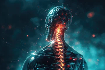 Fotobehang Witness the captivating sight of a glowing skeleton mysteriously emerging from the back of a mans head, A futuristic interpretation of a spinal cord injury, AI Generated © Iftikhar alam