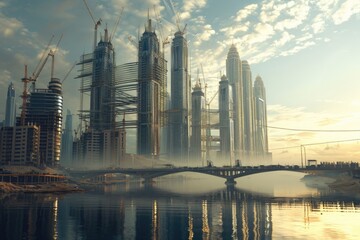 An urban landscape featuring a city skyline with a bridge spanning a body of water, A futuristic...