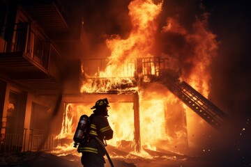 Firefighter extinguishing raging fire in burning building - obrazy, fototapety, plakaty