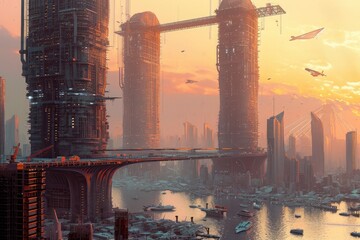 Cityscape Painting With Tall Buildings, A Detailed Depiction of an Urban Landscape, A futuristic look at civil engineering blended with an under-construction skyline, AI Generated