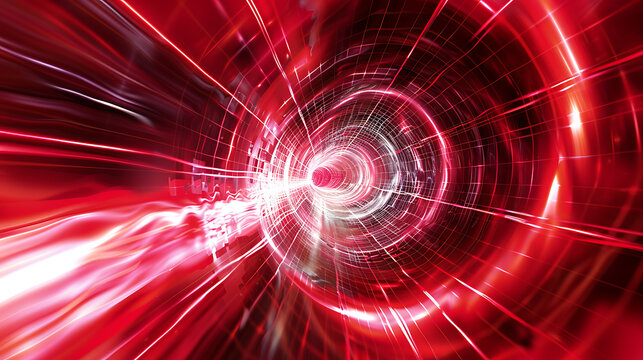 A digital artwork depicting a vibrant, pulsating red grid tunnel swirling with energy, representing a journey into the unknown realms of technology