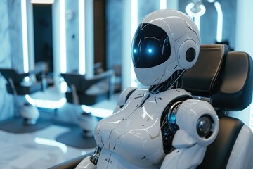 A robot is sitting in a chair in a room, surrounded by a simple and minimalistic decor, A futuristic robotic hairdresser in a high-tech salon, AI Generated