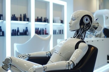 A robotic assistant sits in a salon chair, ready to provide efficient and precise beauty services, A futuristic robotic hairdresser in a high-tech salon, AI Generated