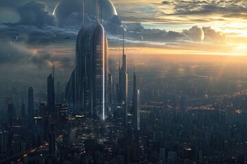 Futuristic City in the Middle of the Night, A Glimpse Into a High-Tech Urban Landscape, A futuristic skyscraper rising high above the cityscape, AI Generated - obrazy, fototapety, plakaty