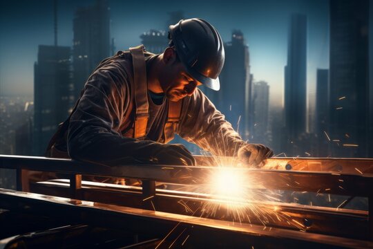 Construction worker welding steel beams on a skyscraper.