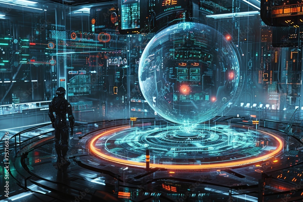 Poster a captivating image portraying a futuristic science fiction scene with advanced technology and a cap
