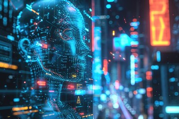 Mans Face in a Futuristic City, A Glimpse Into Tomorrows Urban Landscape, A futuristic view of AI-powered digital promotions, AI Generated - obrazy, fototapety, plakaty