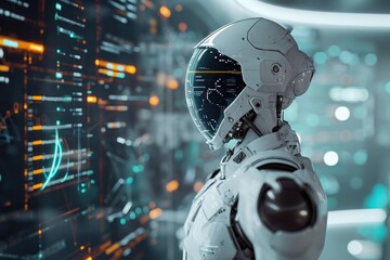 A futuristic man in a space suit stands confidently in front of a seamlessly advanced background, A futuristic view of AI-powered digital promotions, AI Generated - obrazy, fototapety, plakaty