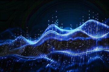A digital wave washes over a background of blue, where technology and design merge in an abstract dance of light and information