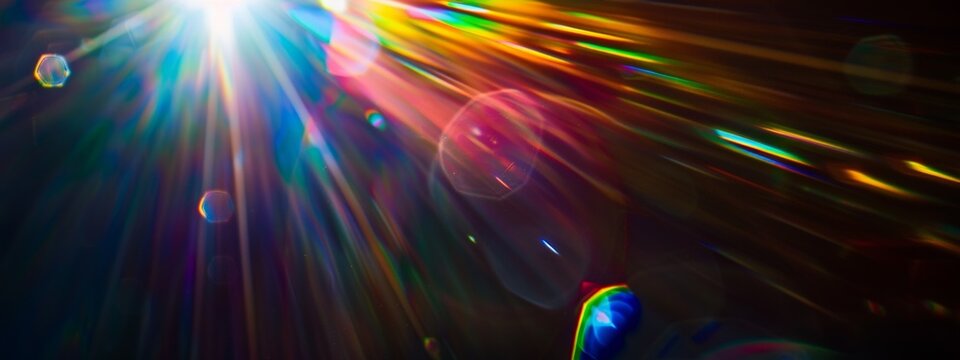 rainbow colored optical flare on black, helios lens, exposure