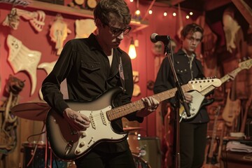 Obraz premium A talented musician performs on stage, strumming his guitar and singing into a microphone, A garage band formed by teenage phantoms in a ghost town, AI Generated