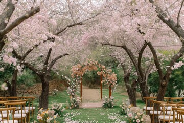 Outdoor Ceremony Setup for Wedding, Beautiful, Elegant Decor in Natural Setting, A garden filled with blooming cherry blossoms for a spring wedding set up, AI Generated