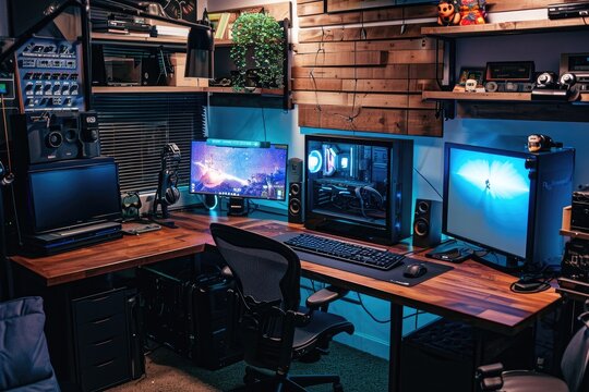 A productive workstation featuring a computer desk with two monitors and a keyboard, A gaming developerâ€™s workspace with advance equipment, AI Generated