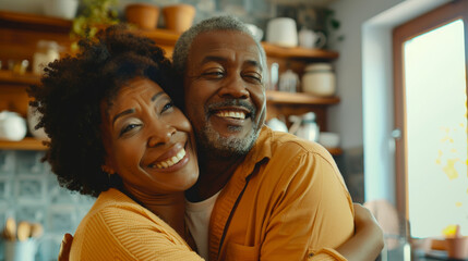 Portrait of a lovely mature black afro american couple at home in the kitchen - obrazy, fototapety, plakaty