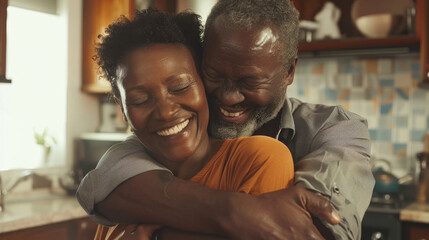 Fototapeta premium Portrait of a lovely mature black afro american couple at home in the kitchen