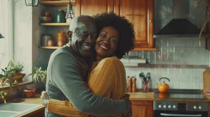 Portrait of a lovely mature black afro american couple at home in the kitchen - obrazy, fototapety, plakaty
