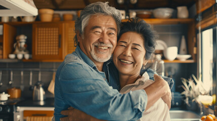 Portrait of a lovely mature Asian couple at home in the kitchen - obrazy, fototapety, plakaty
