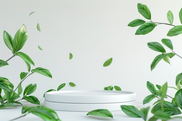 White luxury podium, green leaves waving, for product display presentation - obrazy, fototapety, plakaty