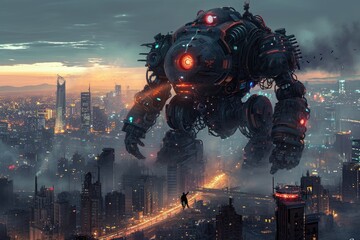A massive robot dominates the cityscape, mesmerizing with its presence and evoking a sense of awe...