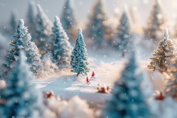 Miniature Snowy Forest Model With Detailed Snow-covered Trees, A gift box inspired by a snowy, winter landscape complete with tiny ice skaters and pine trees, AI Generated