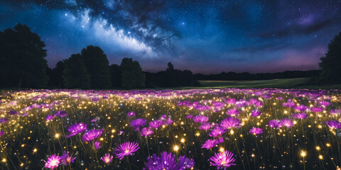 Stardust Meadow. At twilight, a meadow blooms with luminescent flowers. - 757169085