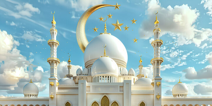 Ramadan Kareem Eid Mubarak royal white mosque moon and mosque in front of night cloudy