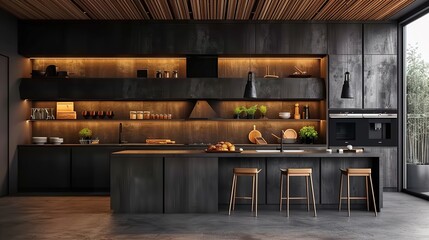 Luxurious design of kitchen interior in dark shades. Design of built-in furniture in the kitchen.