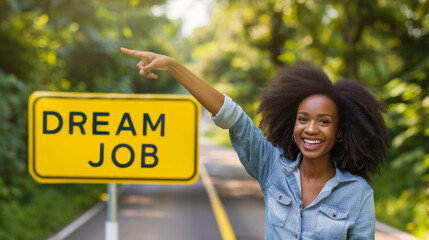 Dream job concept image with sign and woman showing the direction to change job and encourage people take risk and look for new opportunities - obrazy, fototapety, plakaty