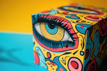 This photo showcases a vibrant box adorned with a captivating eye painting, adding an intriguing...