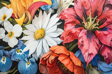 A vibrant painting of various colorful flowers set against a dark black background, A gift box that unfolds as a bouquet of vibrant, beautifully drawn flowers, AI Generated