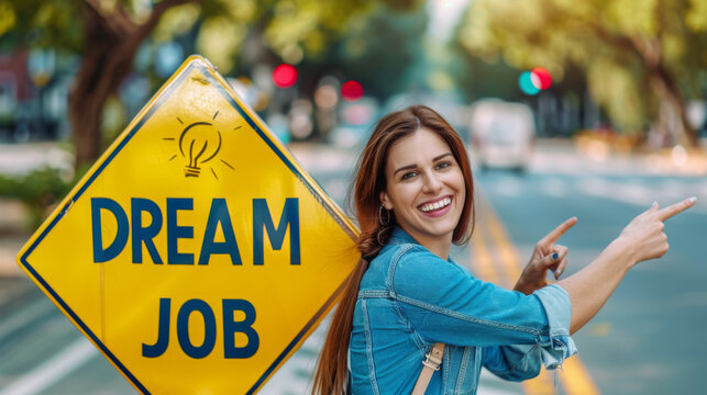 Dream job concept image with sign and woman showing the direction to change job and encourage people take risk and look for new opportunities