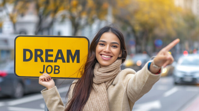 Dream job concept image with sign and woman showing the direction to change job and encourage people take risk and look for new opportunities