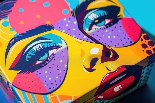 A strikingly colorful box displaying a womans face, painstakingly painted by a talented street artist, A gift box with an eye-popping pop-art design, AI Generated