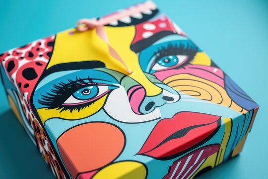 An eye-catching and imaginative colorful box with a face painted on it, perfect for sparking creativity and imaginative play, A gift box with an eye-popping pop-art design, AI Generated