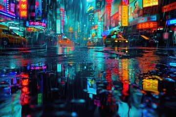 A vibrant city street comes alive at night, adorned with a dazzling display of neon lights, A glowing neon cityscape reflected in rain-soaked streets, AI Generated - obrazy, fototapety, plakaty