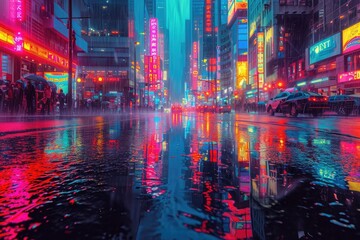 A bustling city street at night shines with colorful neon lights, creating a vibrant and lively atmosphere, A glowing neon cityscape reflected in rain-soaked streets, AI Generated