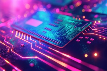 Close Up of Electronic Circuit Board, Detailed View of the Inner Workings of Electronic Components, A glowing neon representation of digital transactions, AI Generated