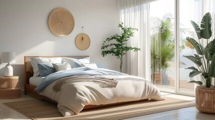 The concept of a modern minimalistic bedroom. Cozy interior of master bedroom in a tropical style.