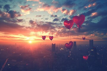 A captivating photo of a group of heart shaped balloons soaring gracefully through the sky, A gorgeous cityscape with heart-shaped balloons floating in the sky, AI Generated - Powered by Adobe
