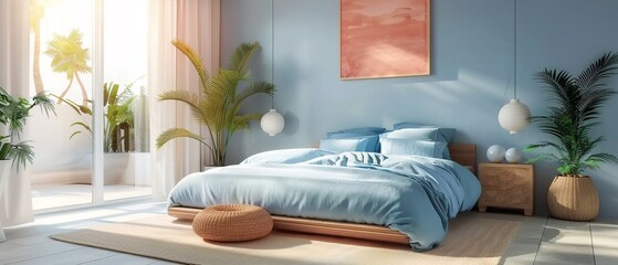 The concept of a modern minimalistic bedroom. Cozy interior of master bedroom in a tropical style.