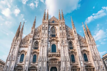 Naklejka premium A towering cathedral with a stunning sky background, creating a mesmerizing visual experience, A gothic cathedral with intricate carvings and towering spires, AI Generated