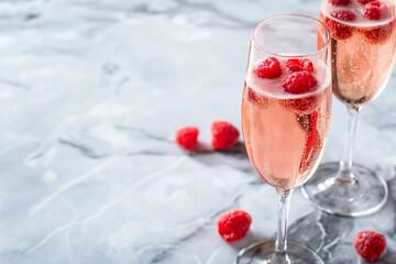 Sparkling rose french kiss cocktail in flutes with raspberries on a marble table