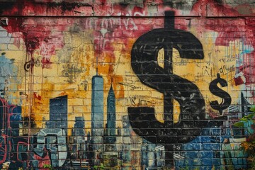 An attention-grabbing mural of a dollar sign painted on a brick wall, symbolizing wealth and...